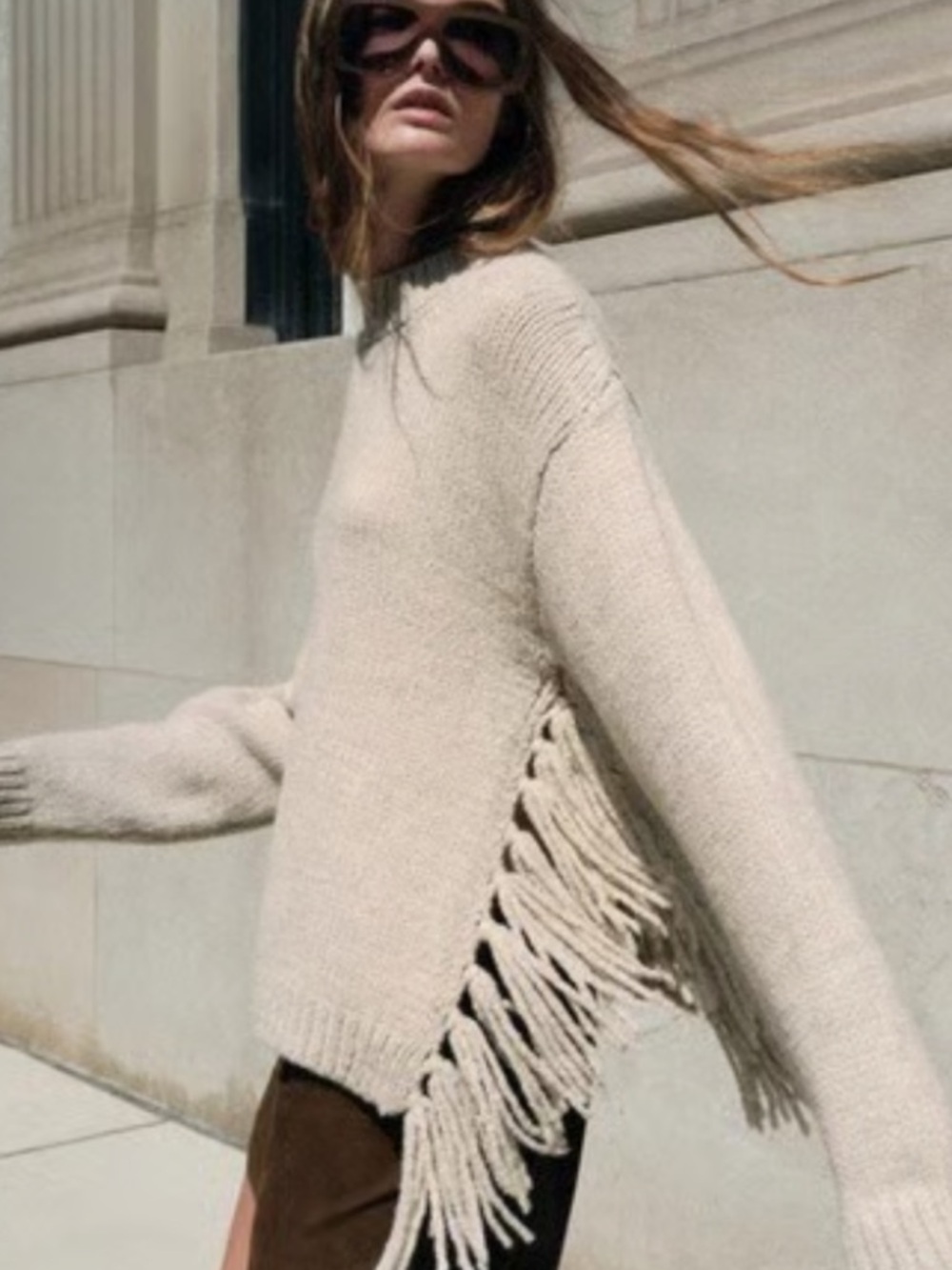 ZARA Fringe Side Knit Sweater - Cream